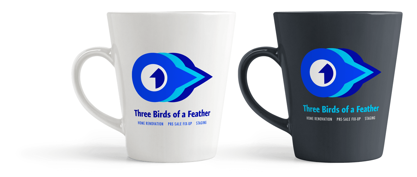 Branding on a set of mugs for our client: Three Birds of a Feather